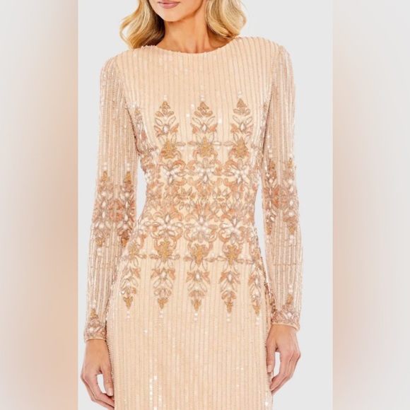 Mac Duggal 5576 Peach Embellished Long Sleeve High Neck Column Dress Size 10 - Picture 3 of 17